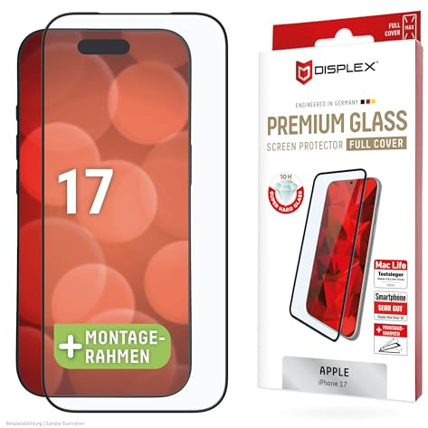 Schutzglas für iPhone 17 Pro, 17 (10H), Edge-to-Edge, Eco-Montagerahmen | DISPLEX Premium Glass, maximale Abdeckung, schwarzer Rand, 10H Panzerglas, Bruchschutz, kratzfest, kristallklar, Anti-Shock