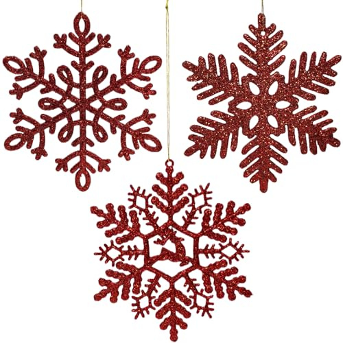 AMLOOPH Red Christmas Decorations – 12PCS Hanging Snowflakes Red Baubles for Christmas Tree Decorations, 10cm Glitter Snowflake Xmas Baubles Ornaments for Tree Xmas Hanging Decoration