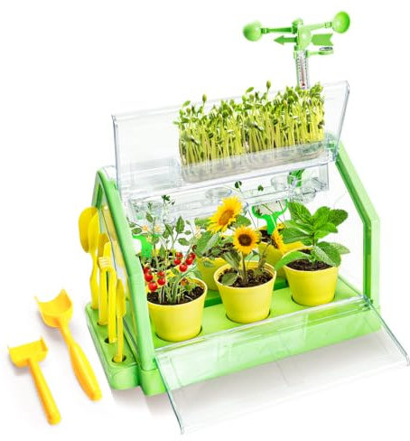 Kit de culture de plantes pour enfants – Kit de culture en serre et fleurs pour enfants avec système de culture hydroponique, thermomètre, girouette et outils, ensemble éducatif de culture de plantes