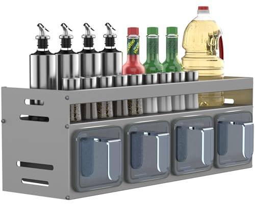 Soontrans Gewürzregal Wand, 32.5 x 10.7 x 12.3 cm, Küchenregal Wand mit 4 Gewürzbox, Gewürzregal Ohne Bohren Metall, Spice Rack, Küchenregal Hängend, Gewürz Organizer für Küchen Arbeitsplatte Schrank