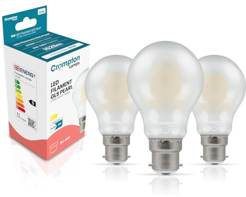 Crompton Lamps Filament GLS LED Light Bulb BC-B22d | 11W = 100W Equivalent | Warm White 2700K | Energy Efficient | Bayonet Lightbulb | Long Life 15,000-Hrs | Pearl Glass | Dimmable | 3-Pack