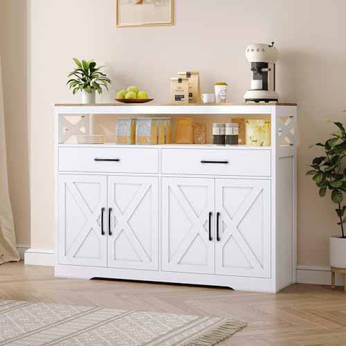 Sideboard Weiss, 140 cm Breit Küchenschrank, mit Schubladen und Offenem Regal, Küchenschrank mit 2 Schubladen und 4 Türen, Sideboard Küche mit Arbeitsplatte, Küchenbuffet Für Wohnzimmer, Küche, Flur