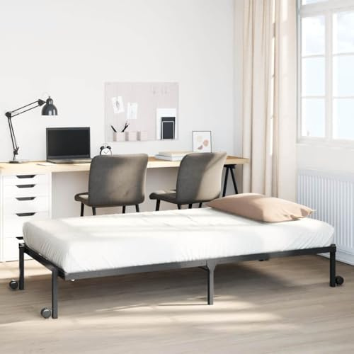 Mandloder Bettgestell klappbar Schwarz 90x190 cm, Stahlrahmen mit Lattenrost, Rollen, platzsparend, für Schlafzimmer, Gästezimmer, Robustes Design