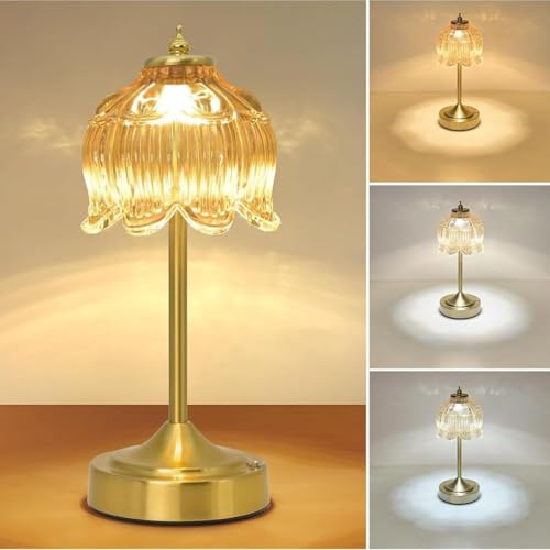 Lampe de table LED vintage à intensité variable avec commande tactile Luminaire de table doré avec abat-jour en verre Lampe de chevet sans fil Lampe à piles rechargeable par USB Lampe décorative,A