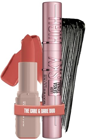 Maybelline New York Make-up Set: Sky High Mascara Very Black für extreme Länge & Volumen + Serum Lippenstift Satin für 8H Feuchtigkeit & strahlende Farbe, Gepflegte Lippen & Volle Wimpern, 2-teilig