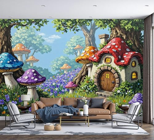 ZISTRCBAO Papier Peint Panoramique Cabane Aux Champignons De La Forêt Magique, Papier Peint De Photo Style D'Illustration Fantastique Pour Salon Chambre Enfant Chambre Décoration 200x140cm