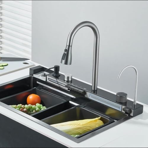Junsottor - Fregadero de cocina en cascada multifuncional grifo extraíble de alta presión, pantalla de temperatura, antiaclaraciones, fregaderos de cocina de acero inoxidable (75 x 46 cm)