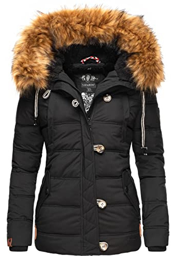 Navahoo Damen warme Winter Steppjacke mit abnehmbarem Kunstfell Zoja Schwarz Gr. L