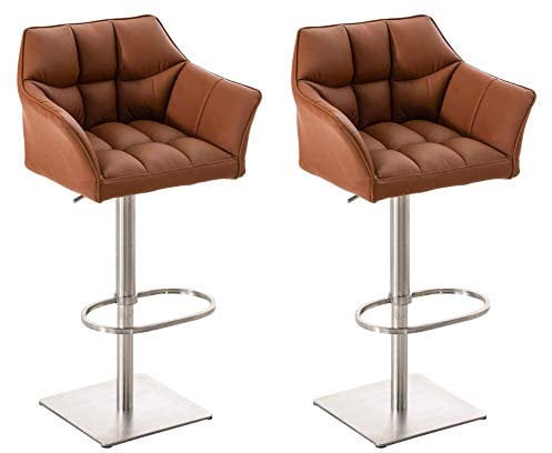 CLP 2er Set Barhocker Set Damaso Mit Kunstlederbezug Und Hochwertiger Polsterung I Höhenverstellbare Drehbare Barstühle Mit Lehne, Farbe:Hellbraun, Gestell Farbe:Edelstahl