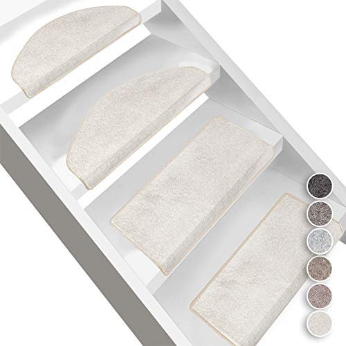 Floordirekt Velours-Stufenmatten Sundae - Halbrund oder Eckig - Treppenmatten in 6 Farben - Strapazierfähig & pflegeleicht - Stufenteppich für Innen (Creme, Eckig 65 x 23,5 cm)