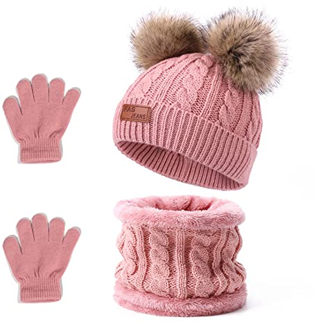 Balakaka Cappello Guanti Sciarpe Set Bambino Invernale, 3 in 1 Carino Caldo Berretto Lavorato in Maglia con Pompon, Morbido Caldi Guanti Cappelli Inverno per Bambina Bambini Ragazzo Ragazza 2-8 Anni