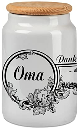 Sunnywall personalisierbare Vorratsdosen mit Wunschname - Keramik weiss mit Echtholzdeckel 700 ml. Keksdose, Gebäckdose – Geschenkidee (Danke Oma)