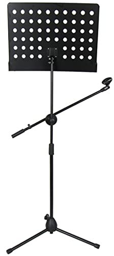 Guitar Music Stand with Speaker Holder, Folding Portable Adjustable Height Professional Book Laptop Tablet Holder, Adults Kids Girls Boys, Black Metal