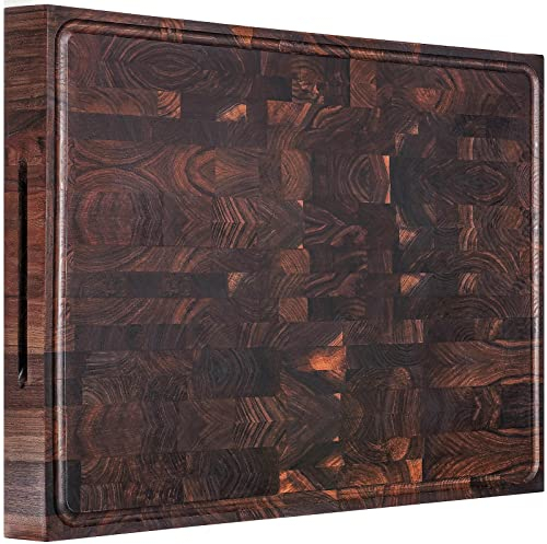 AZRHOM Extra Large Thick Walnut Wood End Grain Cutting Board 24x18x2 In, Wooden Butcher Block, Chopping Board For Kitchen with Juice Groove Handles Non-Slip Pats (Gift Box)