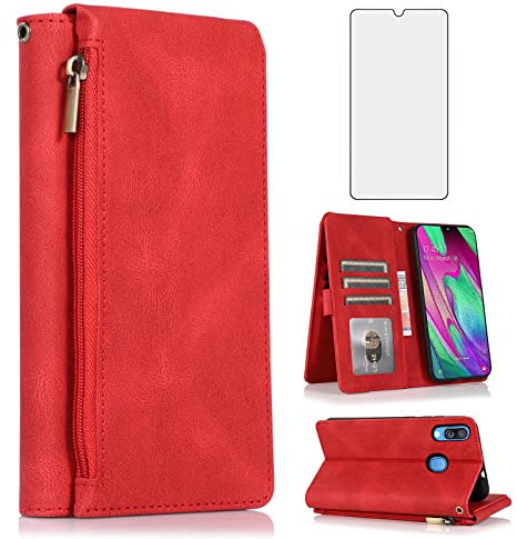 Compatibile con Samsung Galaxy A40 Custodia a portafoglio e vetro temperato protezione dello schermo con cerniera retro in pelle Flip Cover porta carte Stand Custodie per telefono per Glaxay A 40