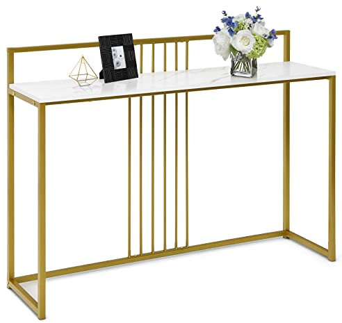 LIFEZEAL Table Console Aspect Marbre Doré, Meuble d’Entrée avec Structure en Métal, Table d'Appoint Étroite Style Candinave, 120 x 32 x 88 cm, Bout de Canapé pour Couloir, Entrée, Salon (Blanc)