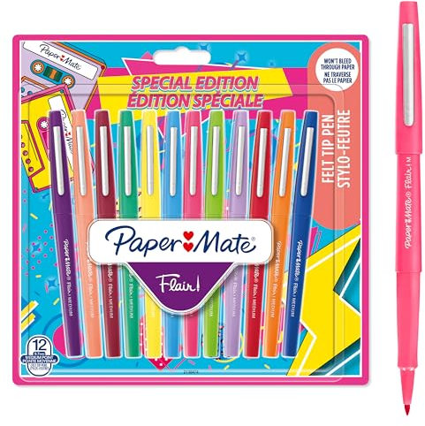Paper Mate Flair Filzstifte | mittlere Spitze (0,7 mm) | gemischte Retrofarben | Marker-Stifte für Kinder und Erwachsene zum Ausmalen, für Tagebücher und mehr | 12 Stück