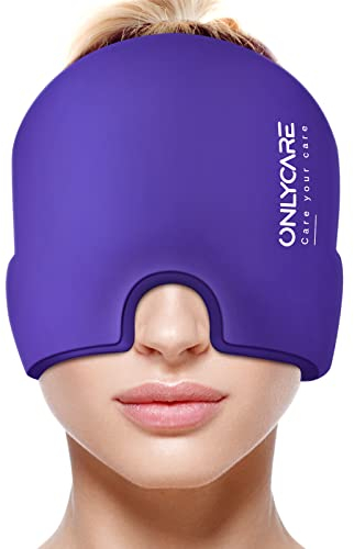 ONLYCARE Migräne Maske, Upgraded Kühlmaske Schlafmaske Kühlmütze Kühlhaube 360° Gel Surround kühlpads zur Linderung von Migräne, Kopfschmerzen, Druck (Lila)