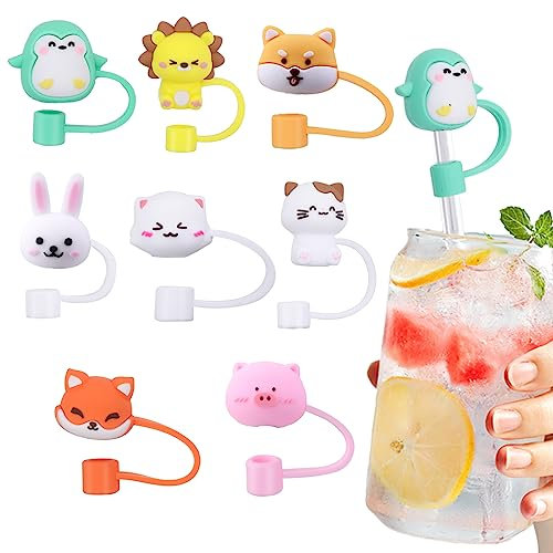 cobee Reusable Straw Caps Cover, 8 Pcs Dust-Proof Drinking Straw Cover for 6-8mm Straws Silicone Straw Tips Cover Cute Cartoon Colorful Straw Toppers Cover Party Drinking Straws(Style-B)