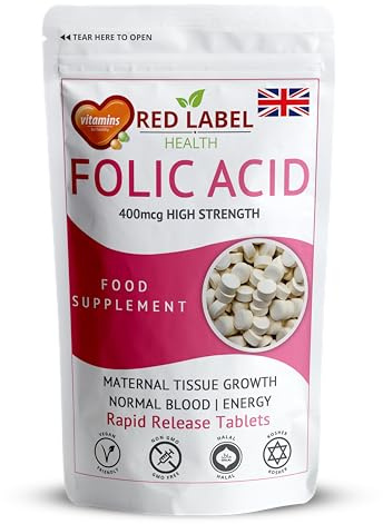 Red Label Health Folic Acid 400 mcg Tablets, 90 Vitamin B9 Tablets (3 Months Supply), Folate Fertility Supplement for Women, Vegan, Vegetarian, Supports Maternal Tissue Growth, Made in The UK