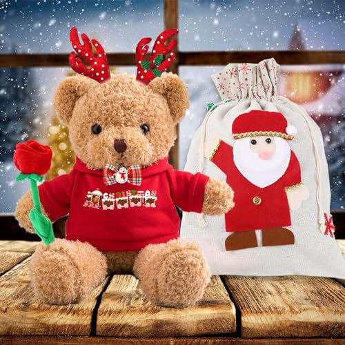 Personnalisé Noël Nounours avec Roses et Sacs Cadeau de Noël, Nounours avec Texte+Photo, Cadeau Personnalisé pour Homme Cadeau Noël Femme Cadeau de Noël pour Femme Cadeau pour Homme Noël (40cm)
