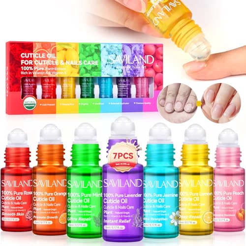 SAVILAND 7Pcs Cuticle Oil: Cuticle Oil for Nails Vitamin E Organic Nail Cuticle Oil Strengthener and Growth Oil for Damaged Nails Hydrating Moisturizing Nail Care Repair