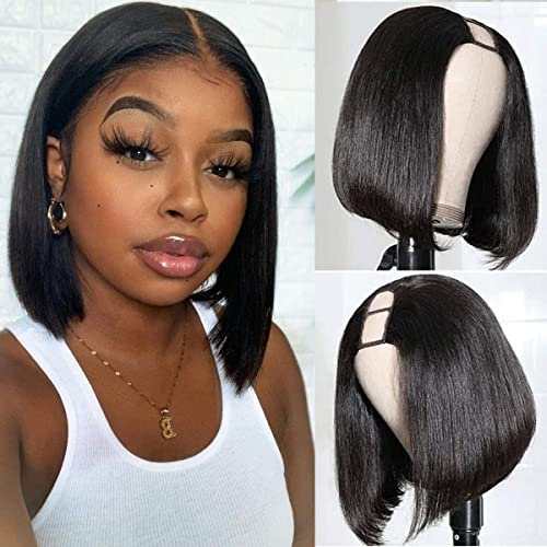 U Part Bob Human Hair Wig 100% Echthaar Perücke Straight Bob Wigs Glueless Wig Human Hair Perücke Damen Echthaar for Black Women 130% Density 14 Zoll (35cm)