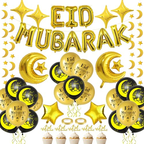 Ramadan Dekoration Ballons, Eid Mubarak Dekoration Schwarzes Gold Luftballons, Ramadan Deko Eid Mubarak Girlande, Mond Sterne Folienballon für Home Ramadan Mubarak Eid Party Dekoration