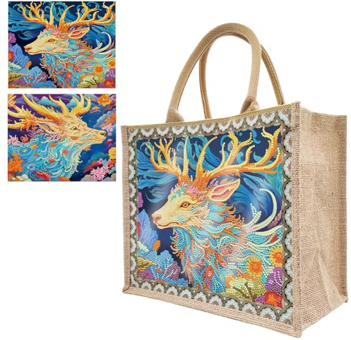 Starnearby DIY Diamond Painting Tasche, 5D Diamant Painting Tragetasche mit Innentasche und Reißverschluss Stofftasche Shopper, Wasserdichtr Einkaufstasche mit 2 Austauschbaren Leinwänden (Elch)
