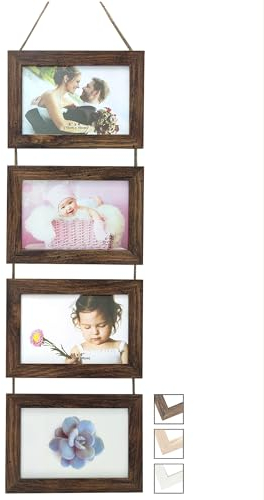 NEOWS Cadre Photo Multiple avec Corde pour Suspendre au Mur - Lot de Cadres Décoratifs pour Accrochage Mural Vertical - Porte Portrait Pele Mele - Photos 10x15 (Bois Vieilli, 4 Photos Horizontal)