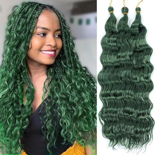 Ocean Wave Crochet Hair 18Inch 3Packs Deep Wave Braiding Hair Curl Crochet Synthetic Braids Hair Extension For Women (Green#, 18Inch 3Packs)