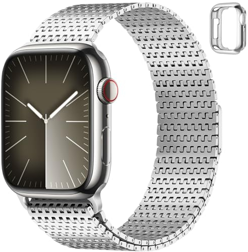 Anlinser Compatible con Correa Apple Watch 46mm 45mm 44mm 42mm, Pulseras de Repuesto de Metal Magnético Compatible con Apple Watch Series 10 9 8 7 6 5 4 3 SE, Plata