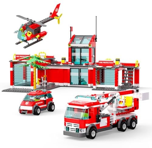 QLT QIAOLETONG City Feuerwehr Spielzeug Klemmbausteine 3in1 Baustein,City Feuerwehr Mit Hubschrauber/Feuerwehrauto/Geschenk für Kinder Jungen Mädchen Alter 6-11+ Jahren 774PCS
