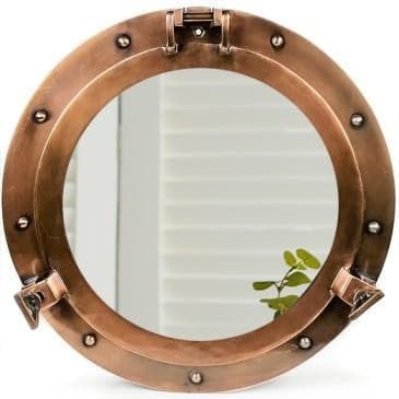 Espejos de ojo de buey vintage montados en la pared | Espejos de ventana de aluminio transparente | Espejos decorativos redondos decorativos para colgar en la pared para baño (Lite Copper, espejo, 15