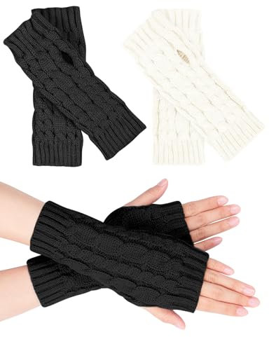 MELLIEX 2 Paar Halb Fingerlose Handschuhe, Damen Pulswärmer Winter Strickhandschuhe Warm Kurzer Halb Handstulpen Unisex