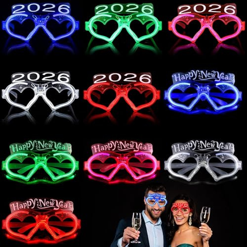 GEKMOR 10 Pack LED Lights Glasses, 2026 Happy New Year Glow Glasses, Glow in The Dark Party Light-up Glasses
