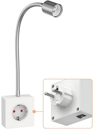ledscom.de Steckdosenleuchte/Leselampe LESCH, Schwanenhals, Schalter, chrom/weiß, 1x GU10 max. 10W