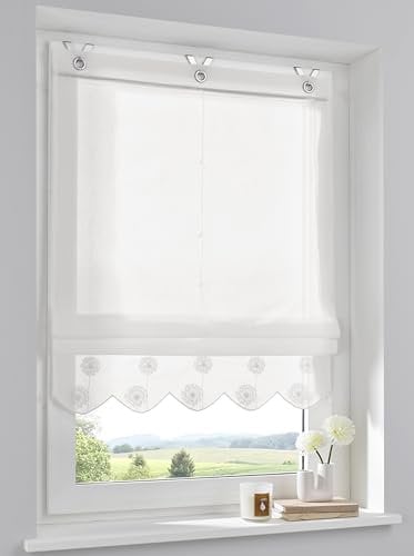 Elly Raffrollo mit besticktem Volant halbtransparent Ösenrollo mit Hakenaufhängung ohne Bohren Breite 100 cm x Höhe 130 cm