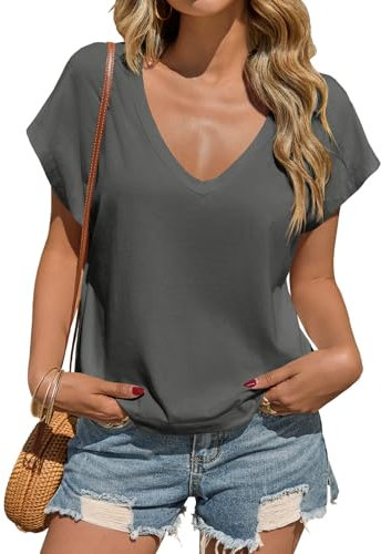 Tankaneo Damen Tiefer V-Ausschnitt T-Shirts Casual Kurzarm Oberteil Sommer Basic Tee Shirt Solide Tops Dunkelgrau X-Groß