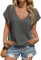 Tankaneo Damen Tiefer V-Ausschnitt T-Shirts Casual Kurzarm Oberteil Sommer Basic Tee Shirt Solide Tops Dunkelgrau X-Groß