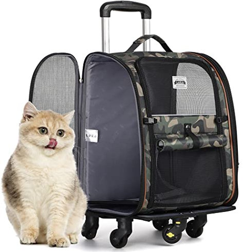Lekespring Hunderucksack Katzenrucksack mit Trolley 2 in 1 bis 8 kg, Erweiterbar Katzenrucksack Große Transportbox für kleine Hunde und Katzen, Tarnung