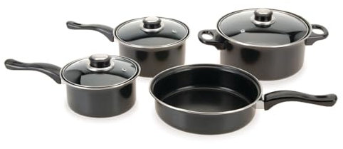 Camping Kochtopfset 7-teilig Leichtes Aluminium Topfset für Gasherde, 2 x Stieltopf mit Deckel | 1 x Bratpfanne | 1 x Kochtopf mit Deckel | Camping Kochgeschirr-Set