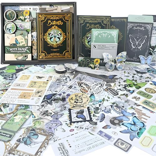 ROEOWENE 394pcs Journal Zubehör Scrapbooking Set DIY Scrapbook Junk Journaling Zubehör Notizbuch Vintage Tagebuch Sticker Scrapbook Geburtstag Geschenk Bastelset Teenager-Grün Schmetterling