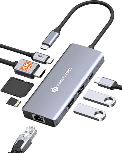 NOVOO Adaptateur USB C 8 en 1 Hub USB C vers HDMI, Ethernet Gigabit, 100W PD, USB C, A 3.0, SD/TF Multiport Hub pour MacBook Pro Air M2 M1 Surface iPad Galaxy HP