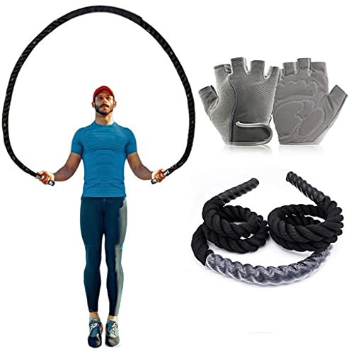 Fitness Weighted Jump Rope 25mm Heavy Battle Skipping Ropes Strength Training Exercise Rope Building Muscle(3m with grey glove)