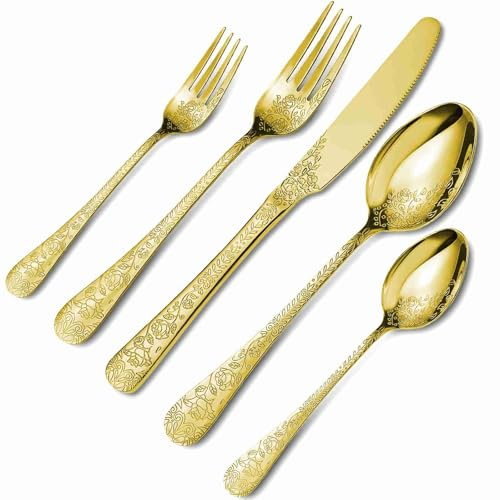 Nikou Lot de 20 couverts vintage en acier inoxydable sculpté doré avec fourchettes, cuillères et cutter, ensemble d'argenterie doré