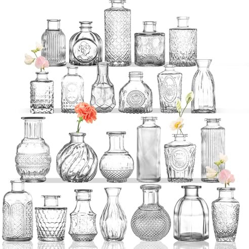 KAYLETIN Blumenvasen in Großpackung, 24 Stück, transparente Blumenvasen für Blumen, kleine Blumenvase fürs Wohnzimmer, Mini-Vintage-Vase für Tischdekoration, Hochzeitstischdekoration