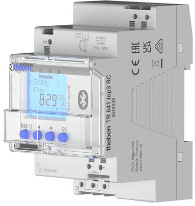 Theben TR 641 top3 RC BLE Digitale Jahres-Zeitschaltuhr mit 1 Kanal und Astrofunktion, Bluetooth/App, Schalter/Taster/Antenne extern anschließbar, 800 Speicherplätze, 600 W LED