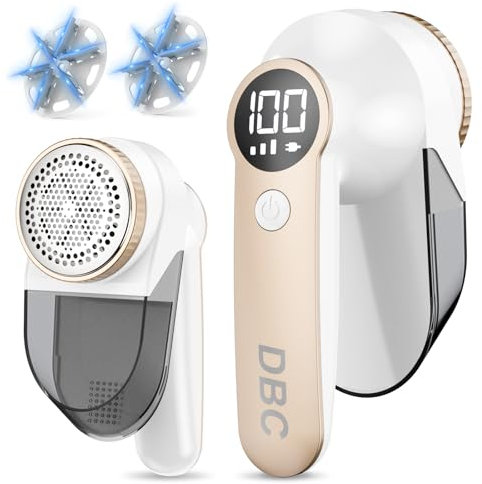 DBC Fabric Shaver with 15000r/Min Powerful Motor, LED Display, 3-Speeds, 6-Leaf Blades, Large Shaving Head Lint Remover for Clothes, Lint Ball, Furniture, Fuzz - Gold & White