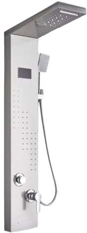 Pannello Doccia LED SPA con Cascata e Getti Massaggianti – Display Digitale Temperatura, Torre Doccia Multifunzione da Parete in Acciaio Inox per Bagno Moderno – (8012 Argento)